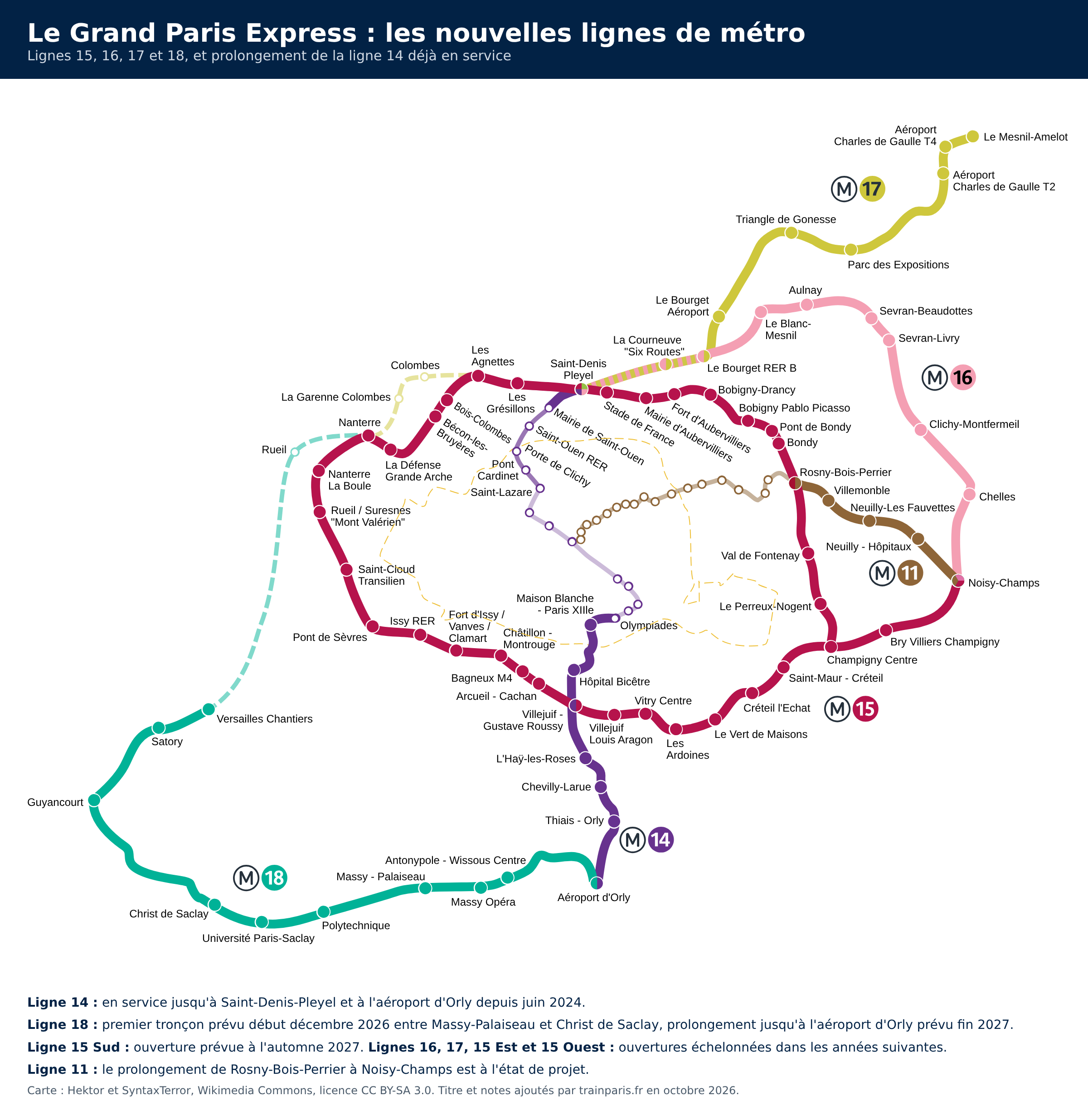 Carte du Grand Paris Express Carte des futures lignes de métro 15, 16, 17 et 18 du Grand Paris Express et de la ligne 14 prolongée