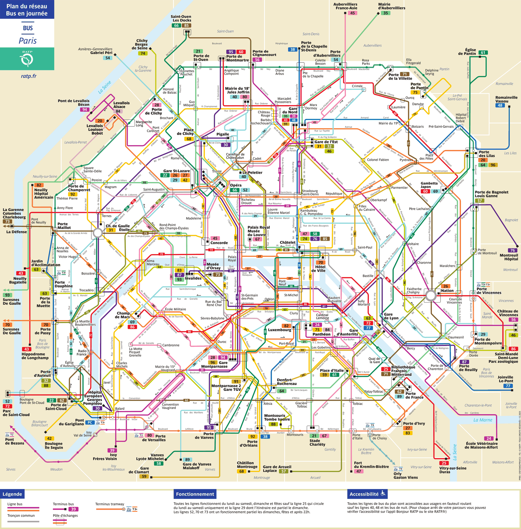 Plan des lignes de bus de jour de Paris