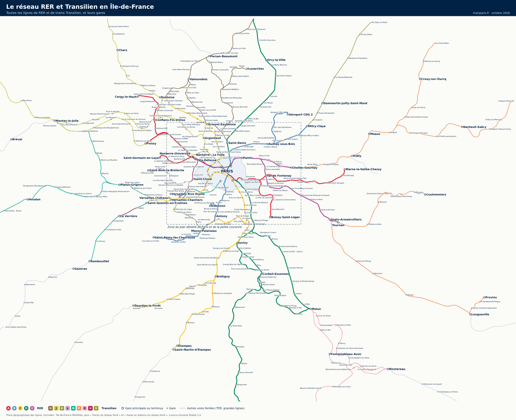 Plan géographique des lignes de RER A, B, C, D, E et des trains Transilien H, J, K, L, N, P, R, U, V en Île-de-France avec leurs gares