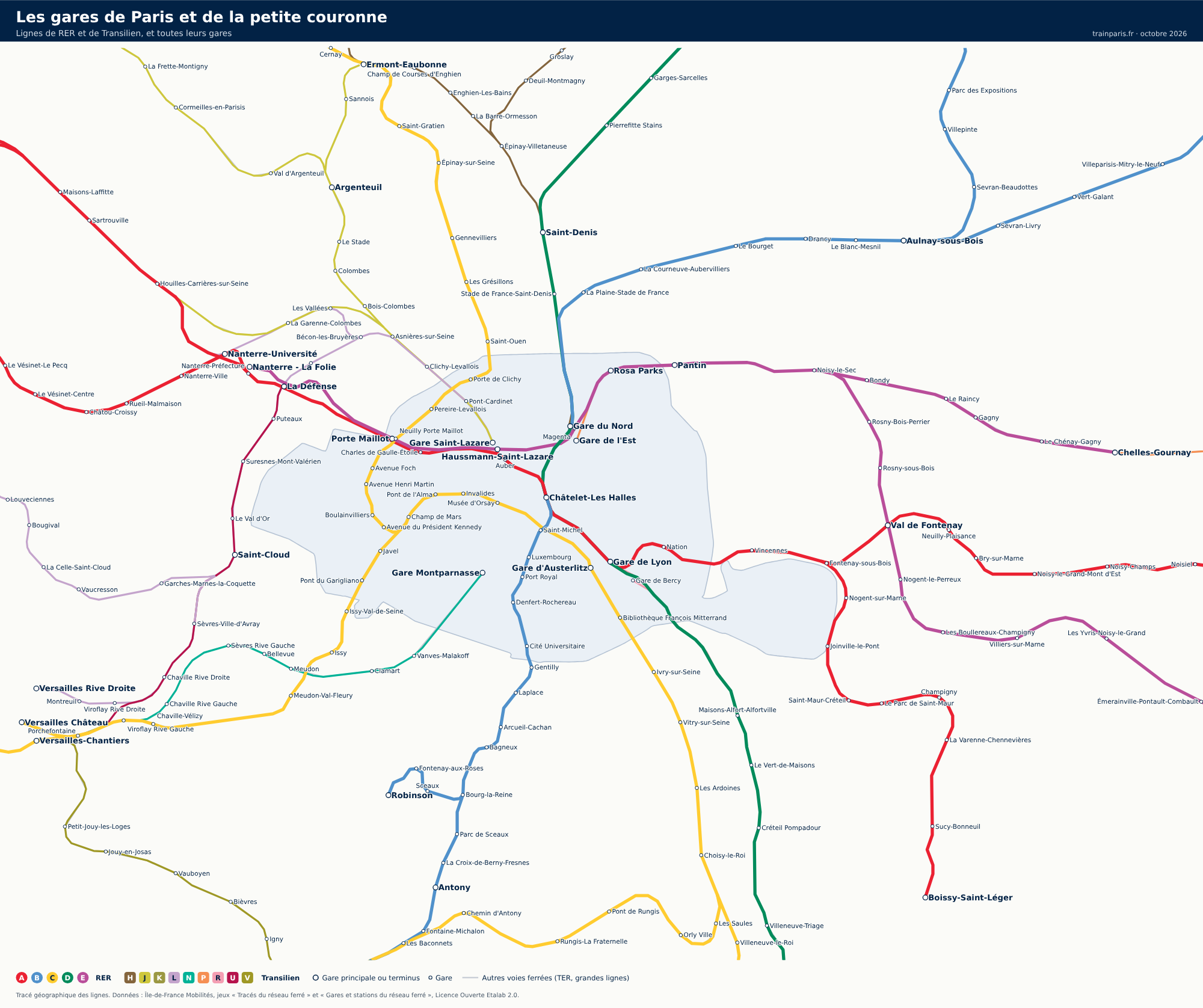 Plan des lignes de RER et de Transilien dans Paris et la petite couronne avec le nom de toutes les gares
